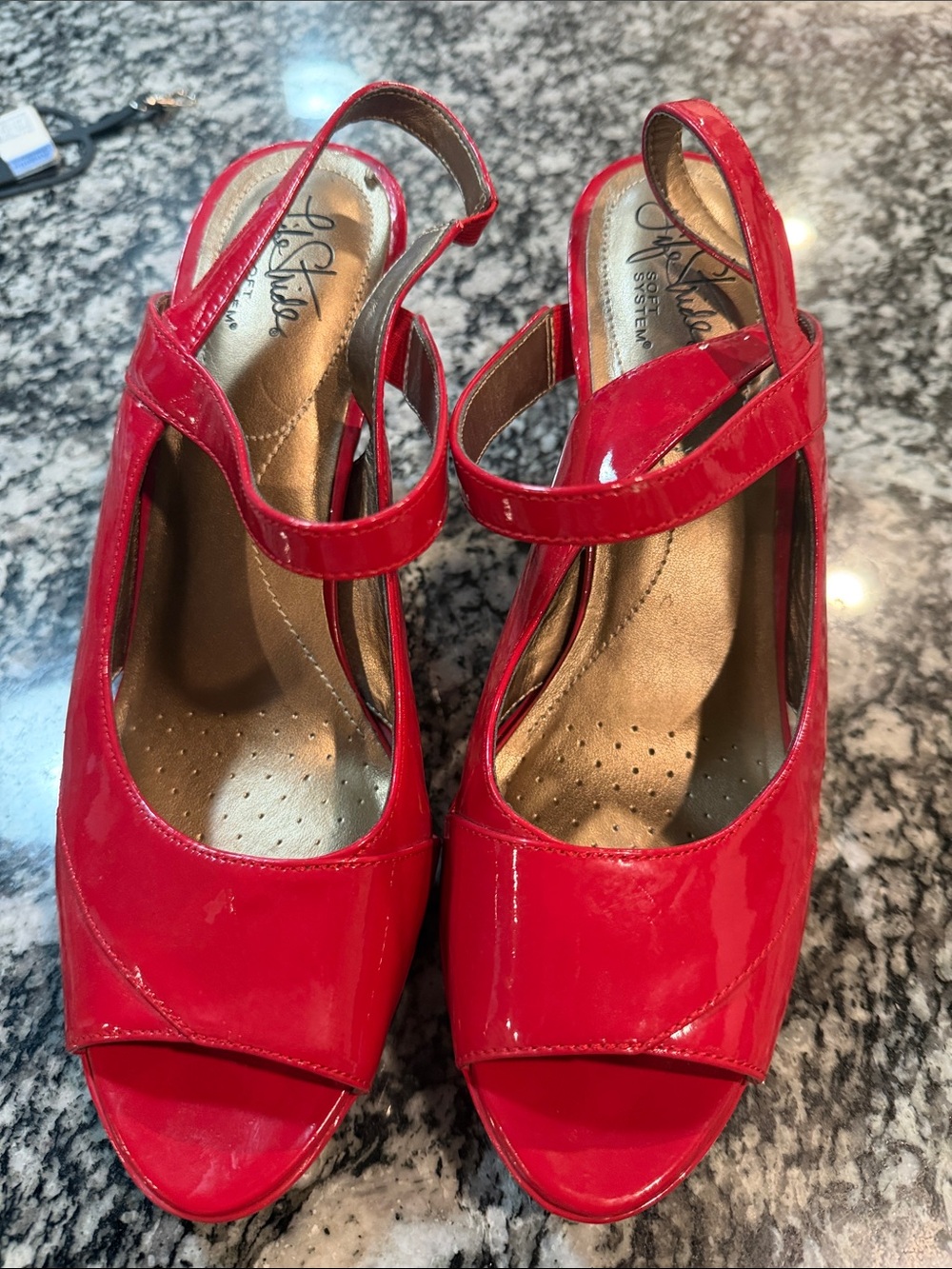 Life Stride Red Patent Peep-Toe Slingback Heels with Ankle Strap
